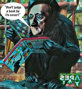 Chimpanzee Führer reading book.